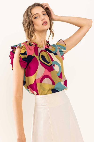 Multi Color Print Sleeveless Ruffle Neck Top